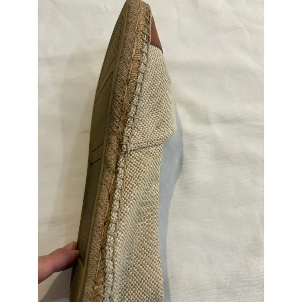 Tory Burch Womens 9 Flat Espadrille Canvas Cream Brown Slip On Leather Cap Toe